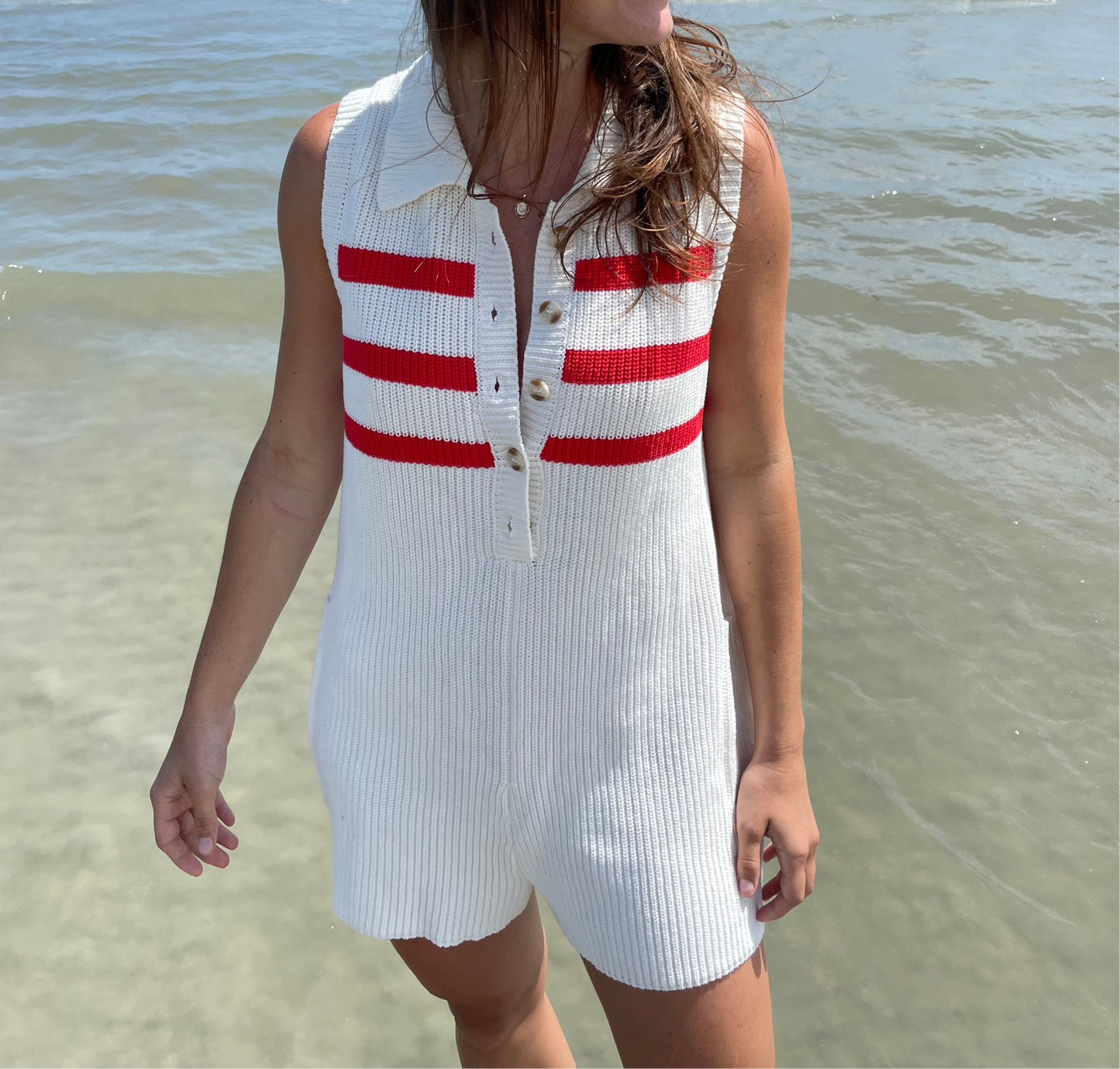 Striped Sleeveless Polo Sweater Romper