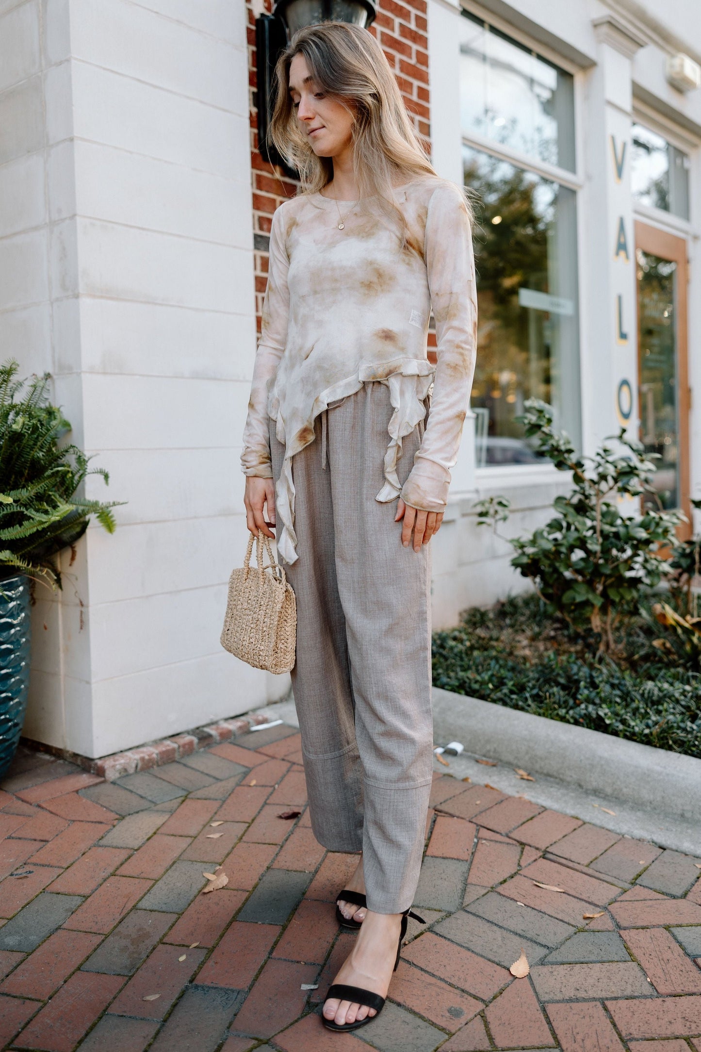 High Neck Mesh Top With Uneven Ruffled Hem