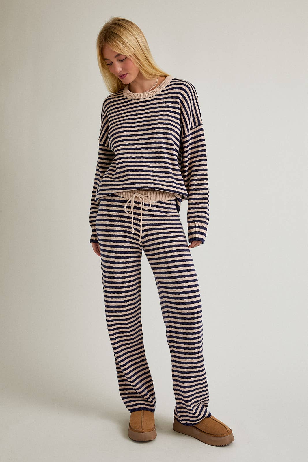 Susie Striped Sweater Set - Navy and Taupe