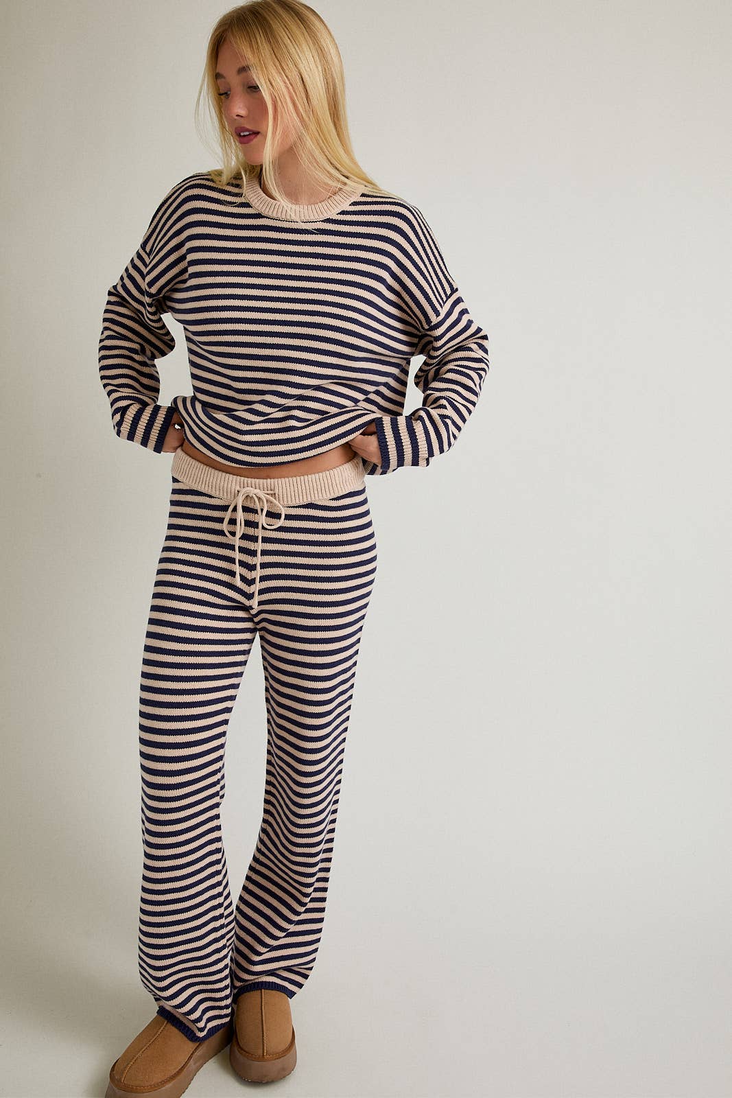 Susie Striped Sweater Set - Navy and Taupe